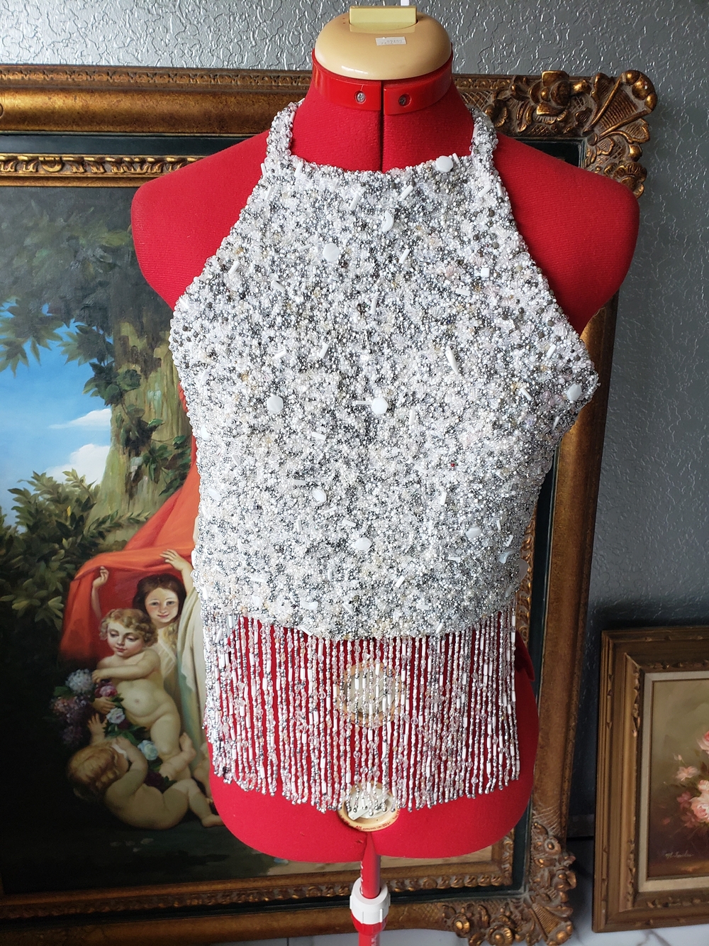 Embellished White Beaded Halter Fringe Camisole